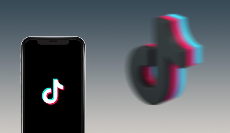 Photo cell phone with black screen with tiktok logo in 3d on gray background