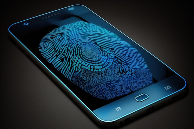 Фото Мобильный телефон с синим отпечатком пальца на фоне экрана generative ai