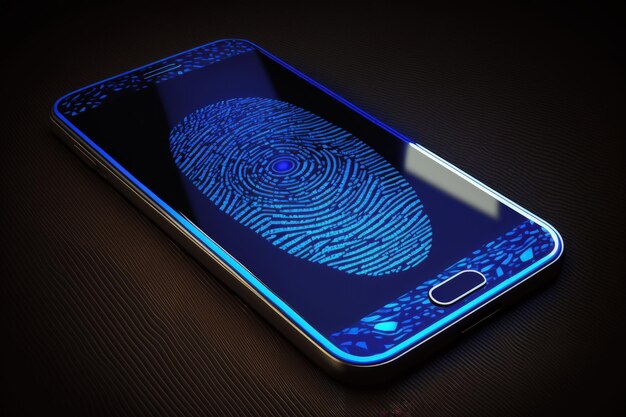 Cell phone with blue fingerprint on screen background Generative AI