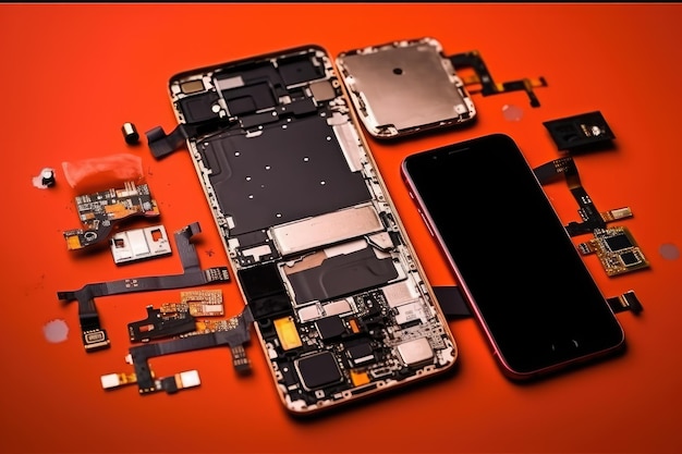 Cell phone with broken display among disassembled gadget ai generated