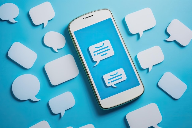 Фото Сотовый телефон с красочными пузырьками речи на синем фоне генеративный ии