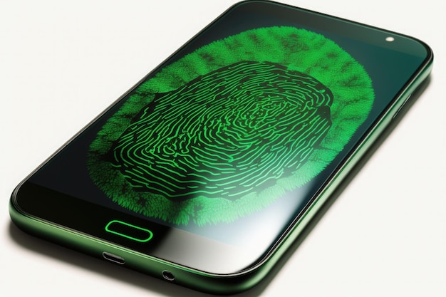 Мобильный телефон с зеленым отпечатком пальца на фоне экрана Generative AI