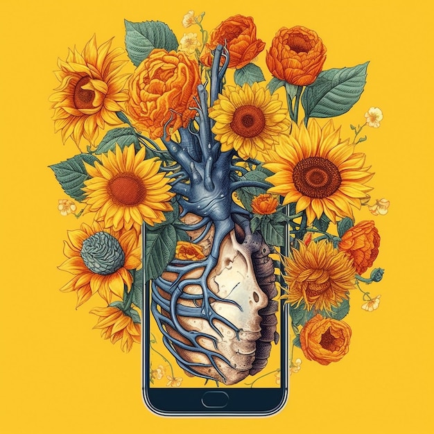 A cell phone with a heart and flowers on it