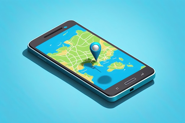 Фото Мобильный телефон с иконой местоположения иконой gps на мобильном экране с голубым фоном ии