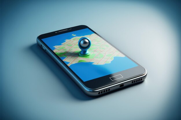 Cell phone with map and location icon on screen blue background Generative AI