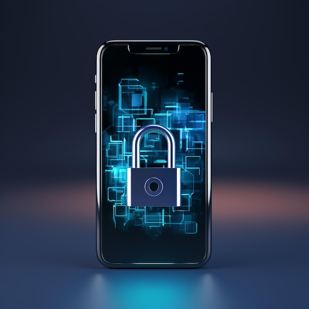 a cell phone with a padlock on the screen dark blue background