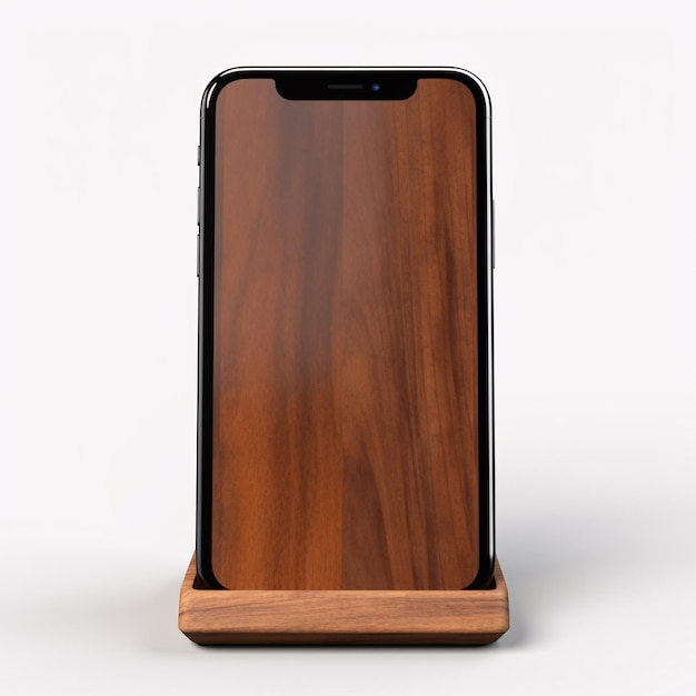 a cell phone in a wooden stand