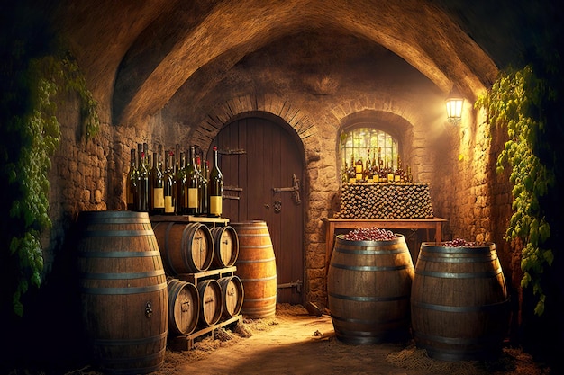 Cellar for making red and white wine in wine barrel