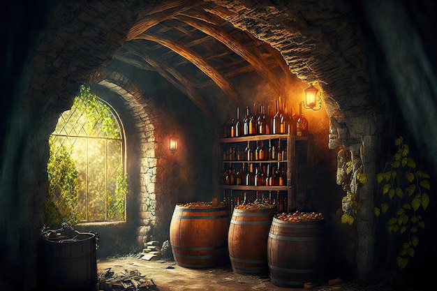 Cellar for making red and white wine in wine barrel