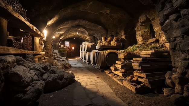 지하실은 와인 병이 넘쳐나는 풍부함으로 쌓여 있습니다.