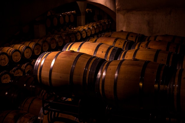 Cellar with barrels for storage of wine Spain Wine concept