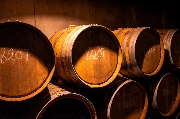 Cellar with barrels for storage of wine Spain Wine concept