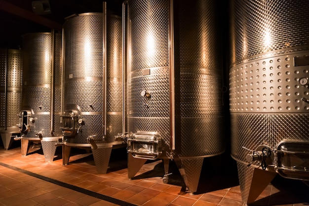 Cellar with modern wine barrels