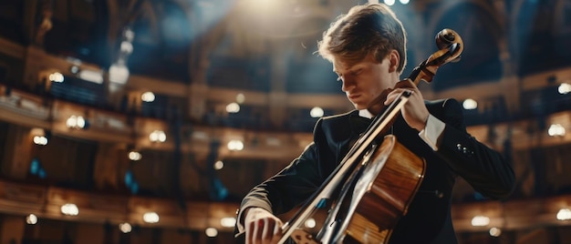 Cellist passionately performing in an opulent concert hall