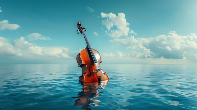 Foto il violoncello galleggia in mezzo all'oceano l'acqua è calma e il cielo è nuvoloso