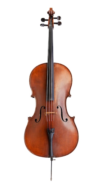 cello muziek snaarinstrument voor harmonie orkest concert op witte geïsoleerde achtergrond omvatten pad. De cello is een vintage en klassiek kunstobject voor decoratie en om mee te spelen.