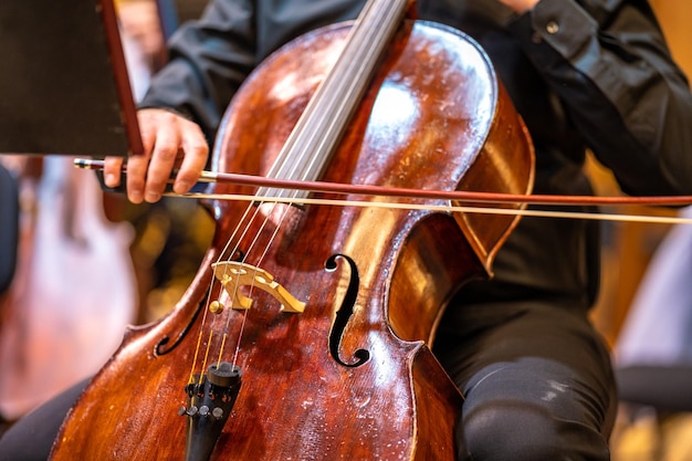 Cello on the stage of the Philharmonic during a concert