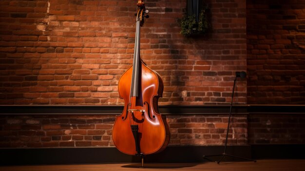 A cello stands elegantly against a weathered brick wall