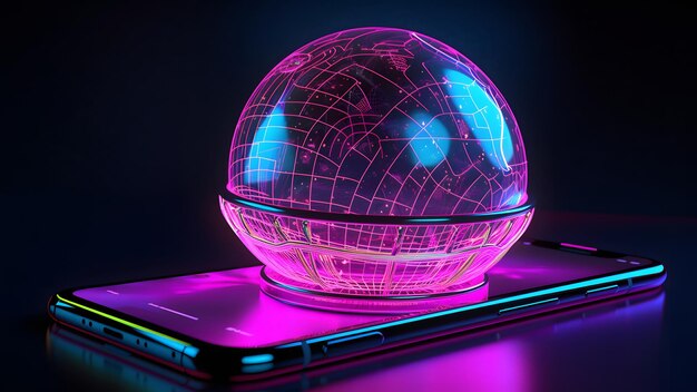 Фото Мобильный телефон лежит экраном вверх, на поверхности которого находится неоновая светящаяся сфера на темном фоне. нейронная сеть создана в мае 2023 года. не основана на какой-либо реальной сцене или образце.