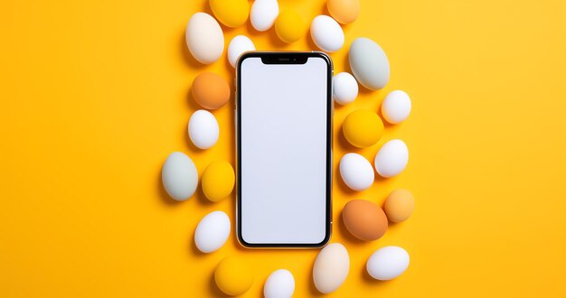 A cellphone surrounded by eggs