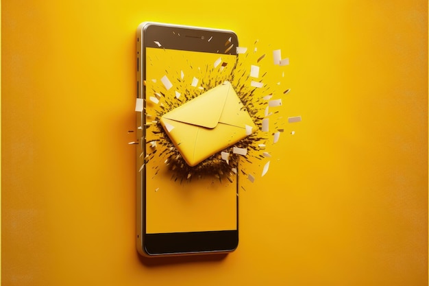 Cellphone with envelope coming out of the screen concept of receiving and sending email ai