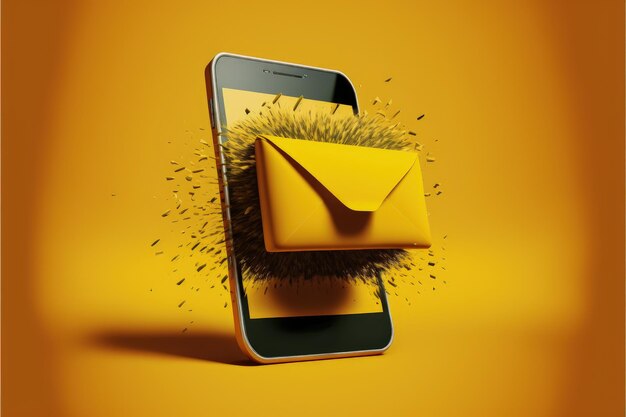 Cellphone with envelope coming out of the screen concept of receiving and sending email ai