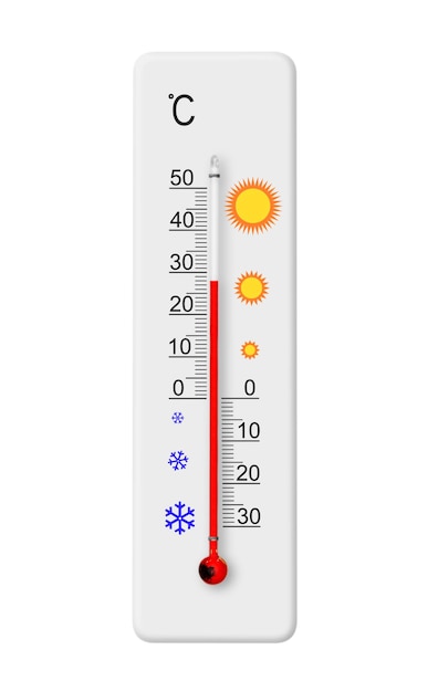 Celsius-schaal thermometer geïsoleerd op witte achtergrond Omgevingstemperatuur plus 28 graden