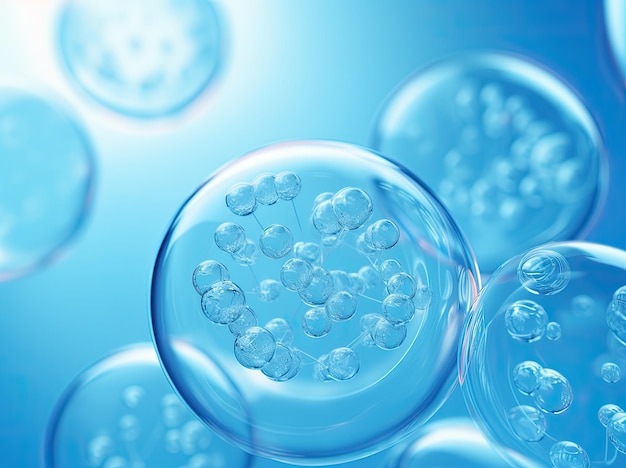 Celstructuur op blauwe achtergrond Zuurstofcel onder microscoop Cosmetische laboratorium chemische achtergrond