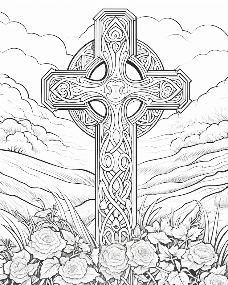 Photo celtic cross coloring page with vines