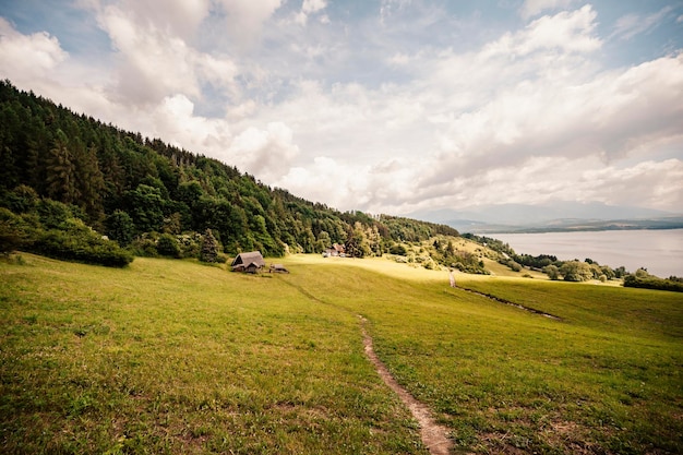 Celtic settlement construction in the archaeological locality Havranok Ancient celtic fortress near Liptovska Mara Liptov region Slovakia landscape