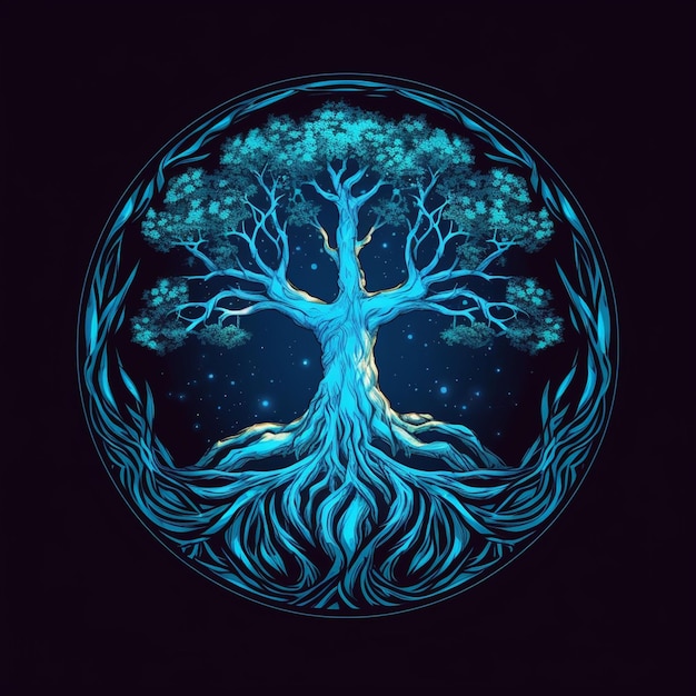 Celtic tree of life and death symbol in vivid emerald colors on dark background