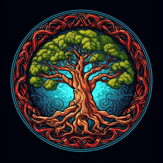 Celtic tree of life and death symbol in vivid emerald colors on dark background