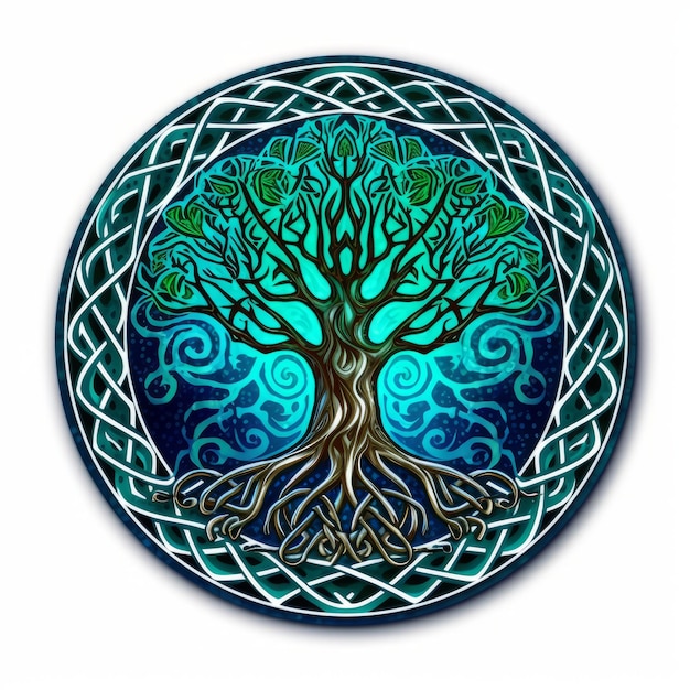 Кельтское дерево жизни и смерти символизирует яркие изумрудные цвета на белом фоне Генеративный AI