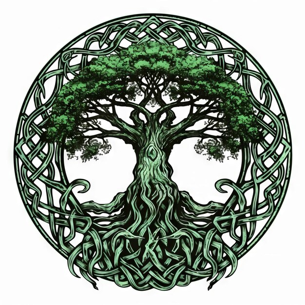 Celtic tree of life and death symbol in vivid emerald colors on white background Generative AI