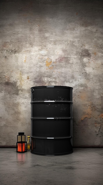 Cement wall background highlights a black oil tank container vertical mobile wallpaper