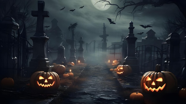 写真 cementerio embrujado de noche con calabazas de halloween (ハロウィンの墓地に埋め込まれた墓地)