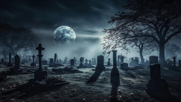 Cemetery covered with mist in the night with dark sky and moon Halloween concept Generative AI