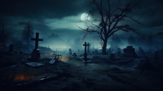 Cemetery covered with mist in the night with dark sky and moon Halloween concept Generative AI