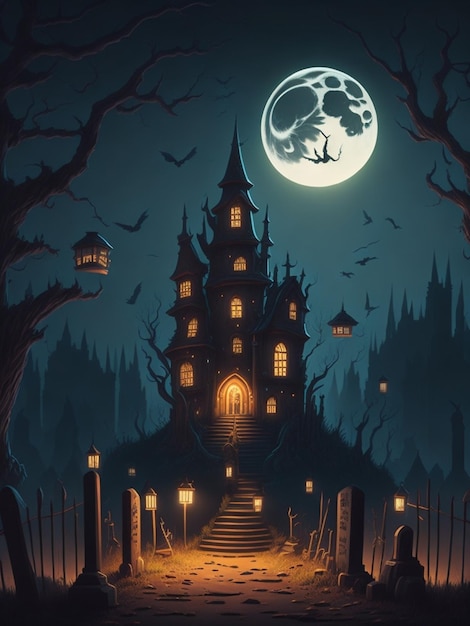 cemetery cute cartoon mythical tiny horror abandoned castle night scene cinematic dark color light