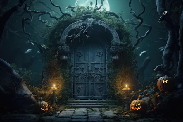 A cemetery door with Halloween decoration AI generated illustration