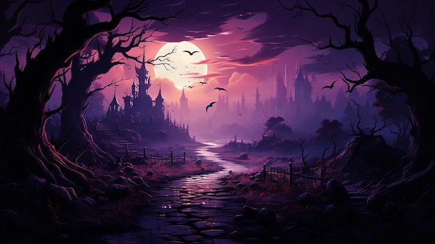 Кладбище в лесу на фоне Хэллоуина с летучими мышами, деревьями, надгробиями и светлячками, пурпурный Хэллоуин