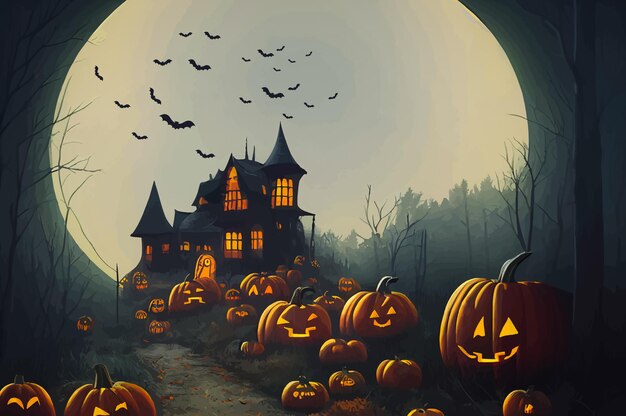 Кладбище в ночь хэллоуина со злыми тыквенными летучими мышами и на заднем плане замком с привидениями и баннером полной луны