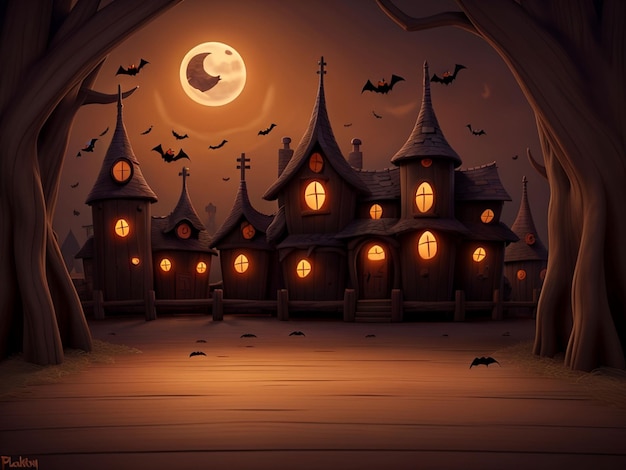 Кладбище в ночь Хэллоуина со злыми тыквенными летучими мышами и на заднем плане - замок с привидениями
