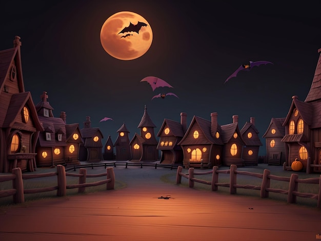 Кладбище в ночь Хэллоуина со злыми тыквенными летучими мышами и на заднем плане - замок с привидениями