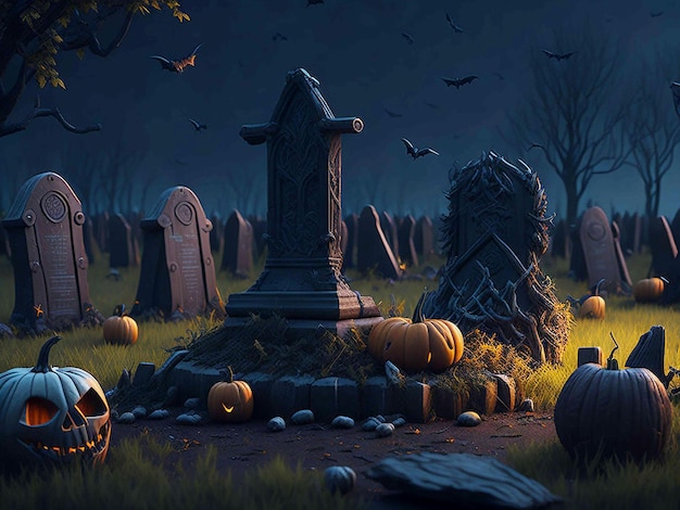 Cemetery in night graveyard halloween background