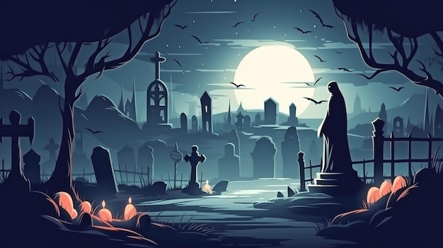 In a cemetery at night a spooky ghost Generative AI Halloween background