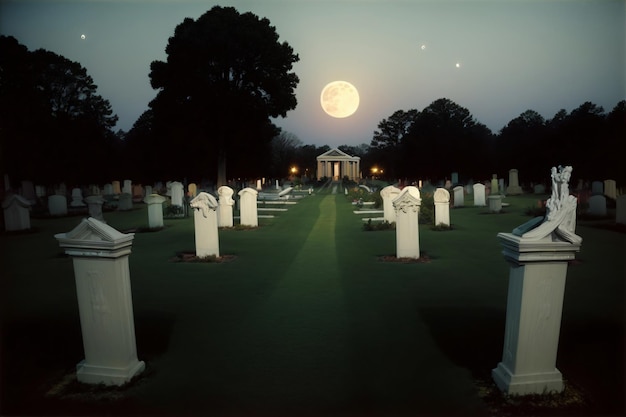 A Cemetery At Night With A Full Moon In The Background