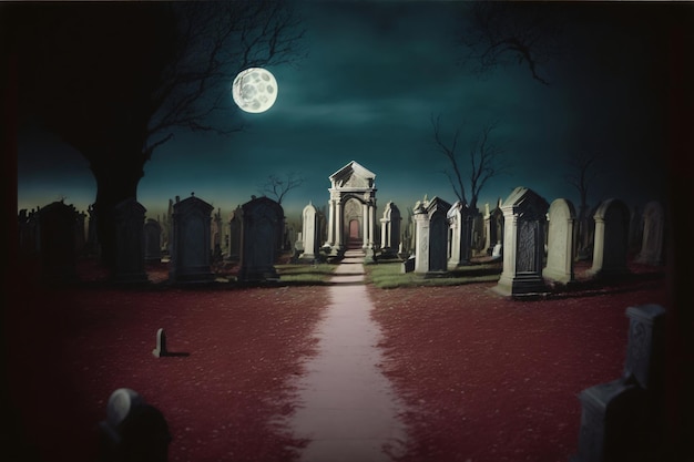 A Cemetery At Night With A Full Moon In The Sky