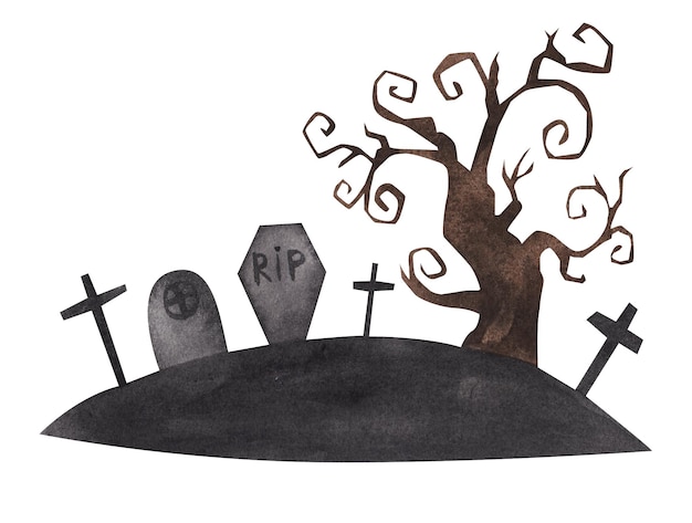 Cemetery tombstones and crosses Isolated element watercolor illustration