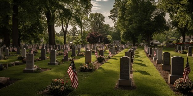 A cemetery with the american flag on the ground.